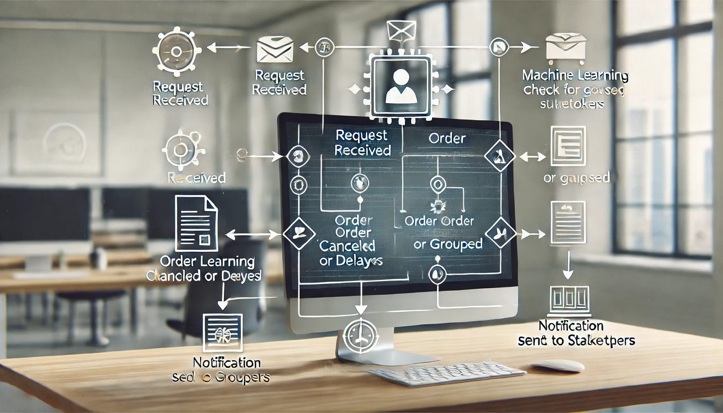 A clear, simple visual representing automation in a modern office environment. Show a computer screen with a flowchart-style automation process: an order being processed with steps like 'Request Received,' 'Machine Learning Check for Delays,' 'Order Cancelled or Grouped,' and 'Notification Sent to Stakeholders.' Visual icons indicate each step, and arrows guide the flow, making it easy to understand the automation. The background is minimalist, focusing attention on the automation sequence.