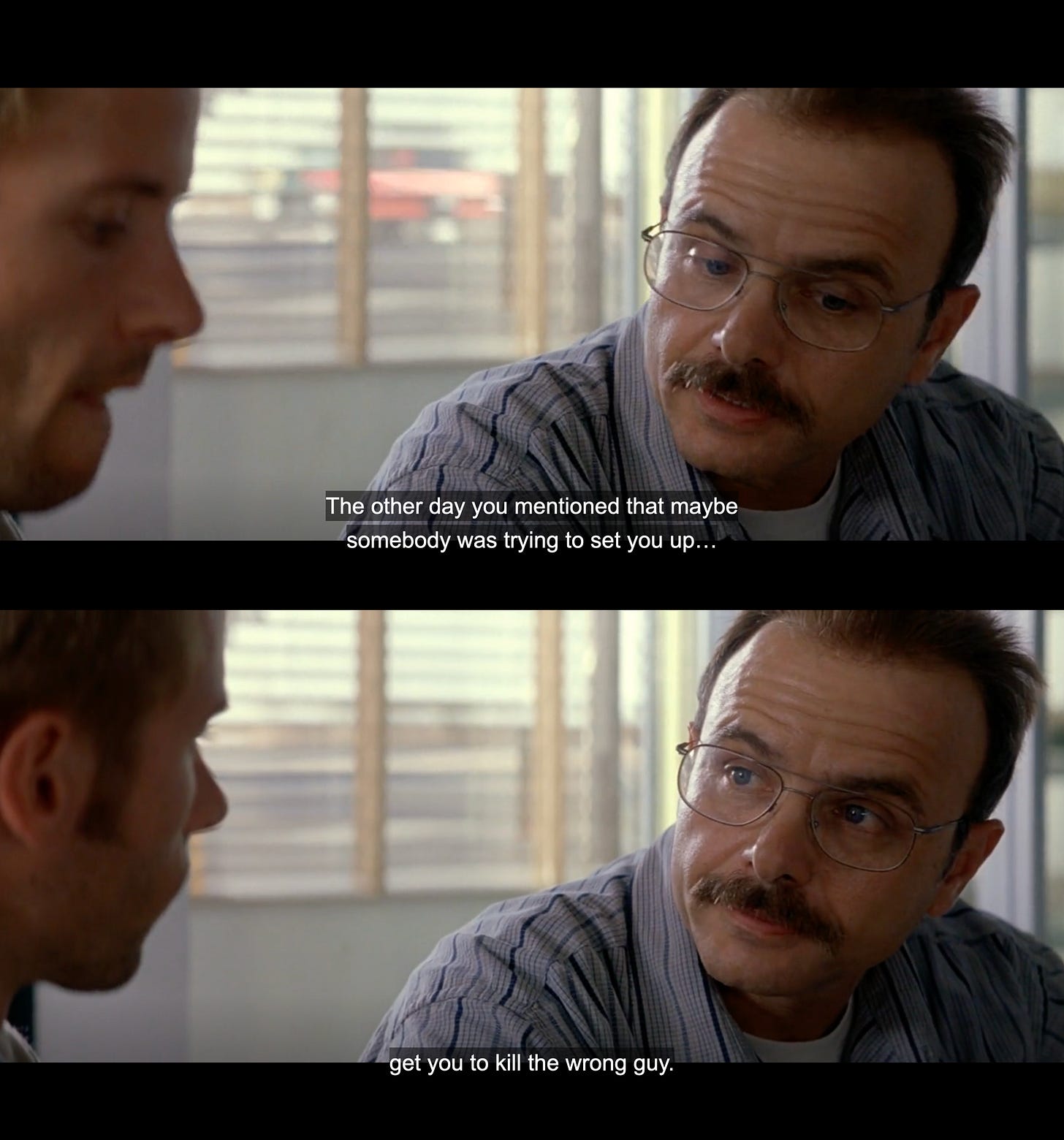 Memento diner scene where Teddy says: "The other day you mentioned that maybe somebody was trying to set you up, get you to kill the wrong guy."