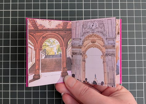 image 1; a small booklet held in a woman's hand, the cover is magenta pink with a black map pin in the center and the words "my two cities" in white. image 2, a woman's hand holds up the booklet, the spread shows to similar photos. the photo on left shows a large flowering tree with bright pink and white blooms behind the tree is a house with faded yellow wood siding, on the right the photo shows a small flowering tree with bright pink and white blooms, behind the tree is an apartment building made of pale yellow stucco. image 3, a woman's hand holds open the booklet, the spread shows two similar photos. the photo on the left shows a gothic archway through the archway we see stairs leading up to trees and a lone figure silhouetted, the photo on the right shows a tall carved stone archway, there are people in the foreground and through the archway we see a pale sky a long statue silhouetted. image 4, a woman's hand holds up the booklet, the spread shows two similar photos, the photo on the left shows various posters and flyers interspersed with graffiti on a dark brown door, the photo on the right shows a wall completely covered in flour pasted flyers and posters. image 5, a woman's hand holds up the booklet, the spread shows two similar photos, the photo on the left shows an iced coffee drink in a plastic cup and a iced blueberry scone on.a black napkin on a rustic wood table with an empty wood cane chair in the background, the photo on the right shows an iced coffee drink in a glass mason chair and a croissant covered in powdered sugar on a black stone tray sitting on a smooth wooden table, there's am empty white woven chair in the background. image 6, a woman's hand holds up the booklet, the spread shows two similar photos, the image on the left shows the tops of trees and small homes and flat top apartment buildings, the sky is pale yellow and blue and a few dark blue clouds dot it, the image on the right shows the tops of white homes and apartments with dark red terracotta shingles on the roofs, the sky is pale blue and yellow with dark blue and bright pink clouds. image 7, a woman's hand holds open the booklet, the spread shows two similar photos, the photo on the left shows a white gallery wall featuring many framed art works in varying sizes and shapes. a long man in a khaki shorts and blue shirt stands to the left looking up at the artwork, the photo on the right shows a large beige curved wall featuring many hanging loose canvases painted in bright warm colors, a lone man stands to the right in all black looking up at the canvases. image 8, a woman's hand holds open the booklet, the spread shows two similar photos, the photo on the left is a woman's left hand holding an ice cream cone with two scoops, the ice cream is white with brown flecks, the background shows a blurry concrete sidewalk, the photo on the right show's a woman's left hand holding an ice cream cone, the ice cream is dark chocolate and artfully arranged into petals to resemble a rose, the background is a blurry tiled sidewalk in white and black. image 9, a woman's hand holds open the booklet, the spread is two similar photos, the photo on the left is a bright blue sky with fluffy white clouds over the NYC skyline, the photo on the right shows the sky in the exact same bright blue shade with white fluffy clouds that seem to connect with the clouds from the photo on the left, the buildings at the bottom of the photo are white with bright red terracotta roofs