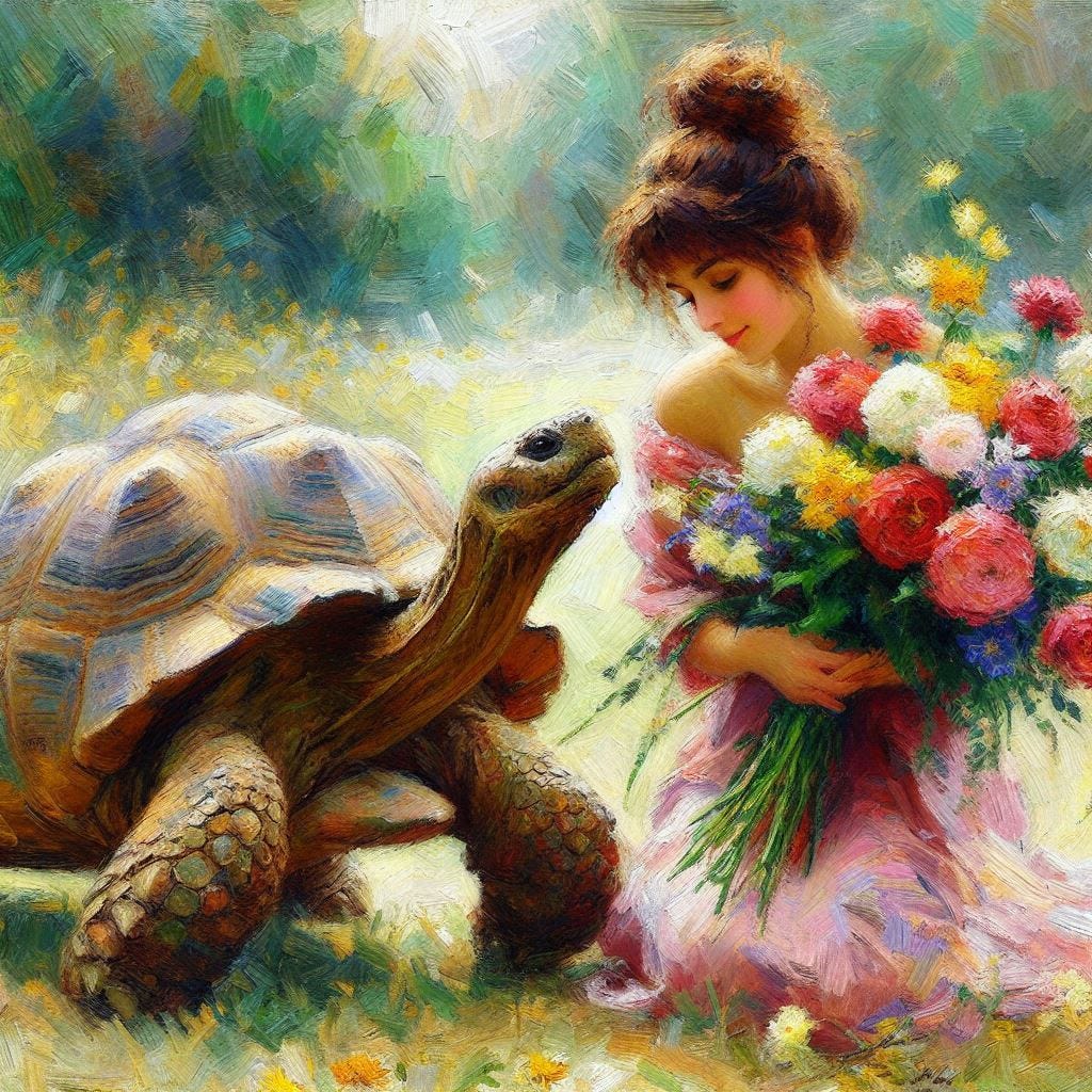 A tortoise offers a bunch of flowers to a pretty woman. impressionist-style.