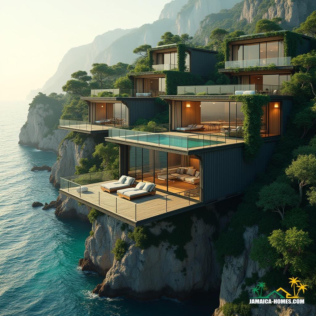 A luxurious, high-tech container module mansion with industrial chic and modern elegance, comprising four interconnected modules, spacious living area with protruding glass bay windows