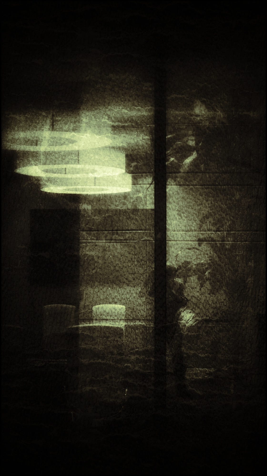 The photo is olive green in color -- dark, smudgy, blurry olive green. We seem to be standing outside a building, looking through a large window at a conference room, maybe. There's a large, long table surrounded by matching plain chairs; on the far wall is an artwork or perhaps a flat-panel display of some kind; what's obviously a plant sits at the rightmost edge of the window. The ceiling lights, of which there are three, are large illuminated rings. The big window is split vertically by a pillar. And although it's not 100% clear, there may -- MAY -- be a figure standing behind the pillar, looking out at US. The figure may even be human.