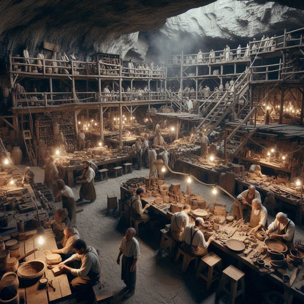 cavernous workshop with lots of workers