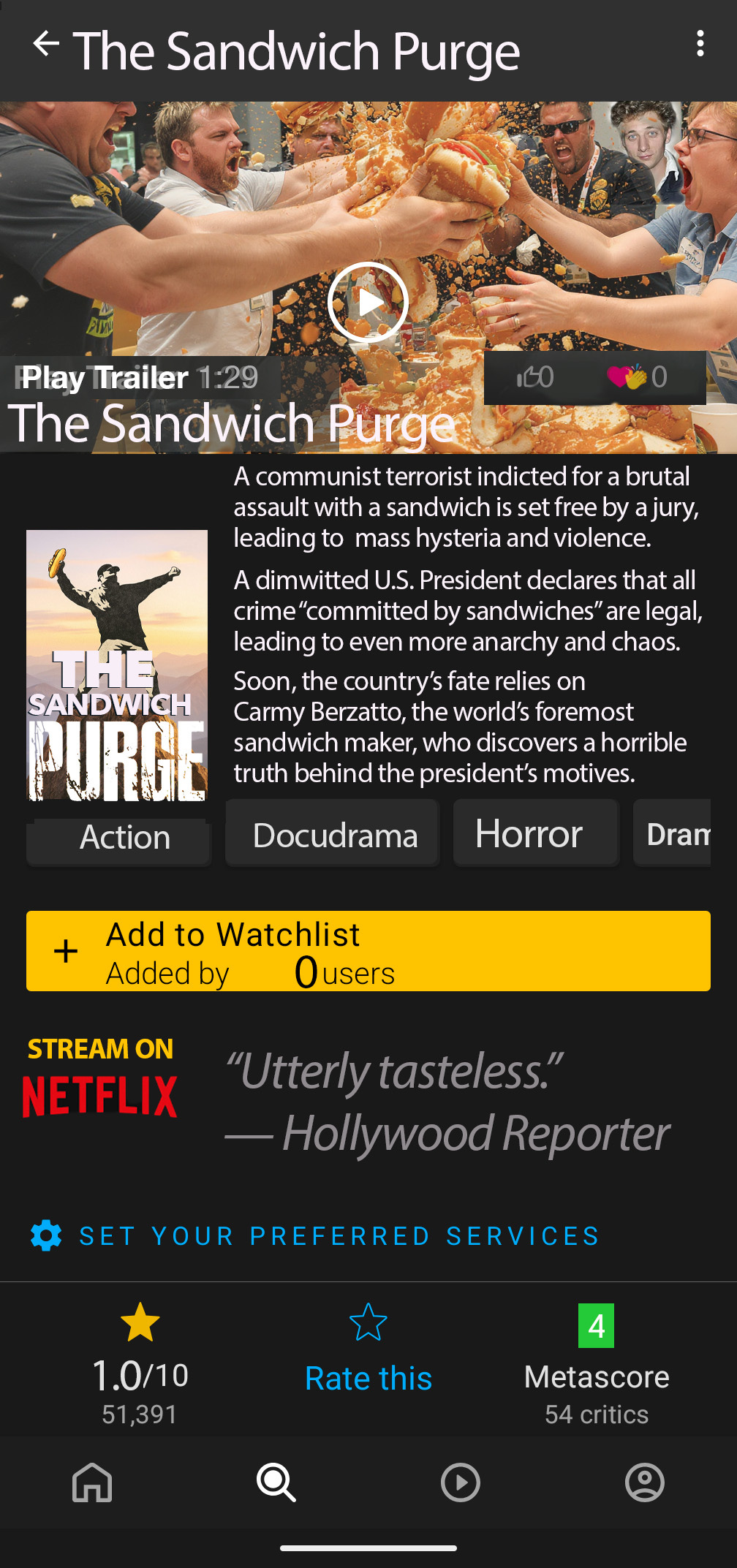 IMDB image with the blurb: A communist terrorist indicted for a brutal assault with a sandwich is set free by a jury, leading to  mass hysteria and violence. A dimwitted U.S. President declares that all  crime “committed by sandwiches” are legal,  leading to even more anarchy and chaos. Soon, the country’s fate relies on  Carmy Berzatto, the world’s foremost  sandwich maker, who discovers a horrible truth behind the president’s motives.