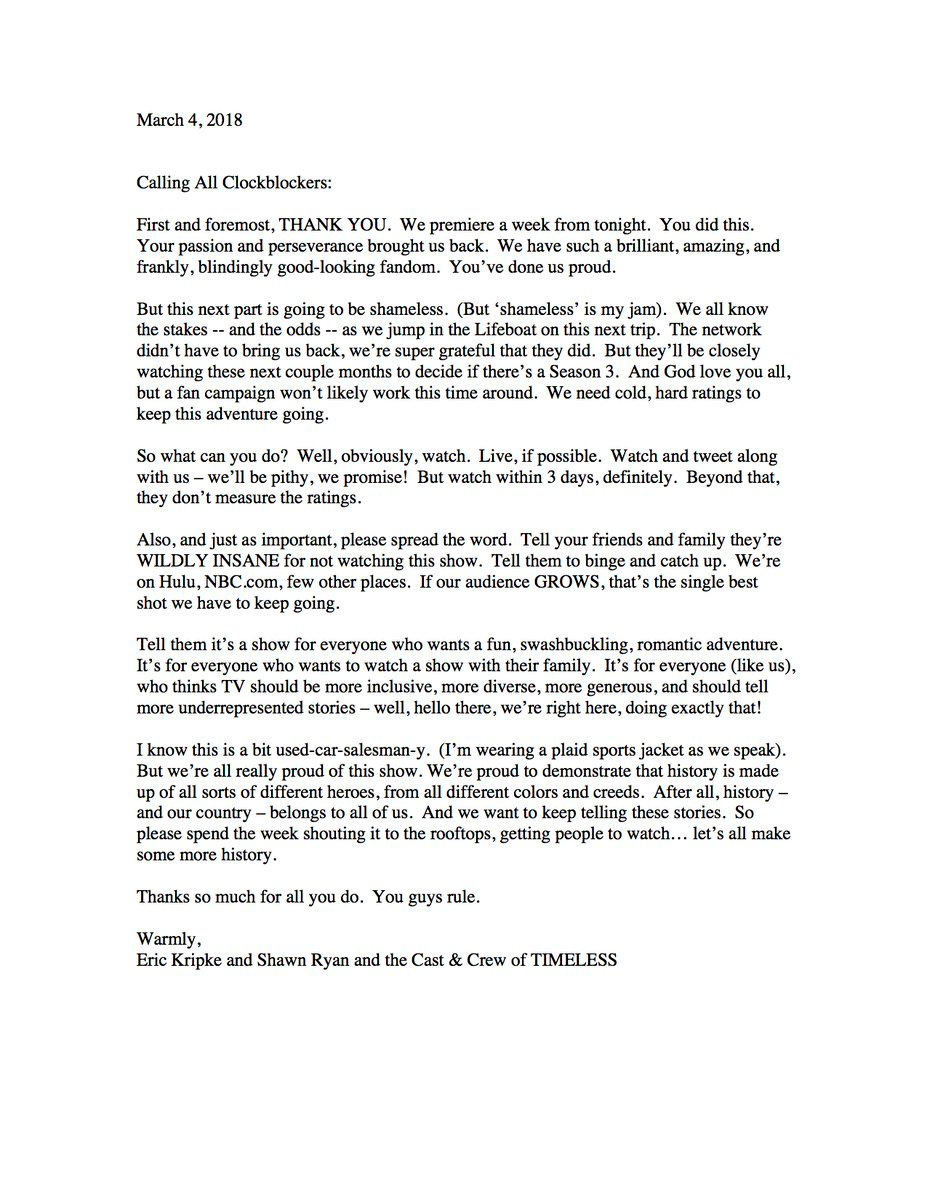 eric kripke note to timeless fans mttg eric kripke note to timeless fans mttg