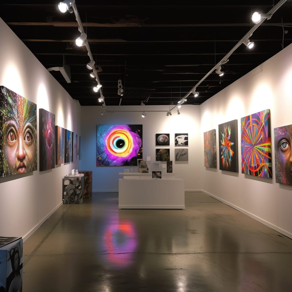 Abstract artwork displayed in a gallery in Los Angeles. Generated by Midjourney.
