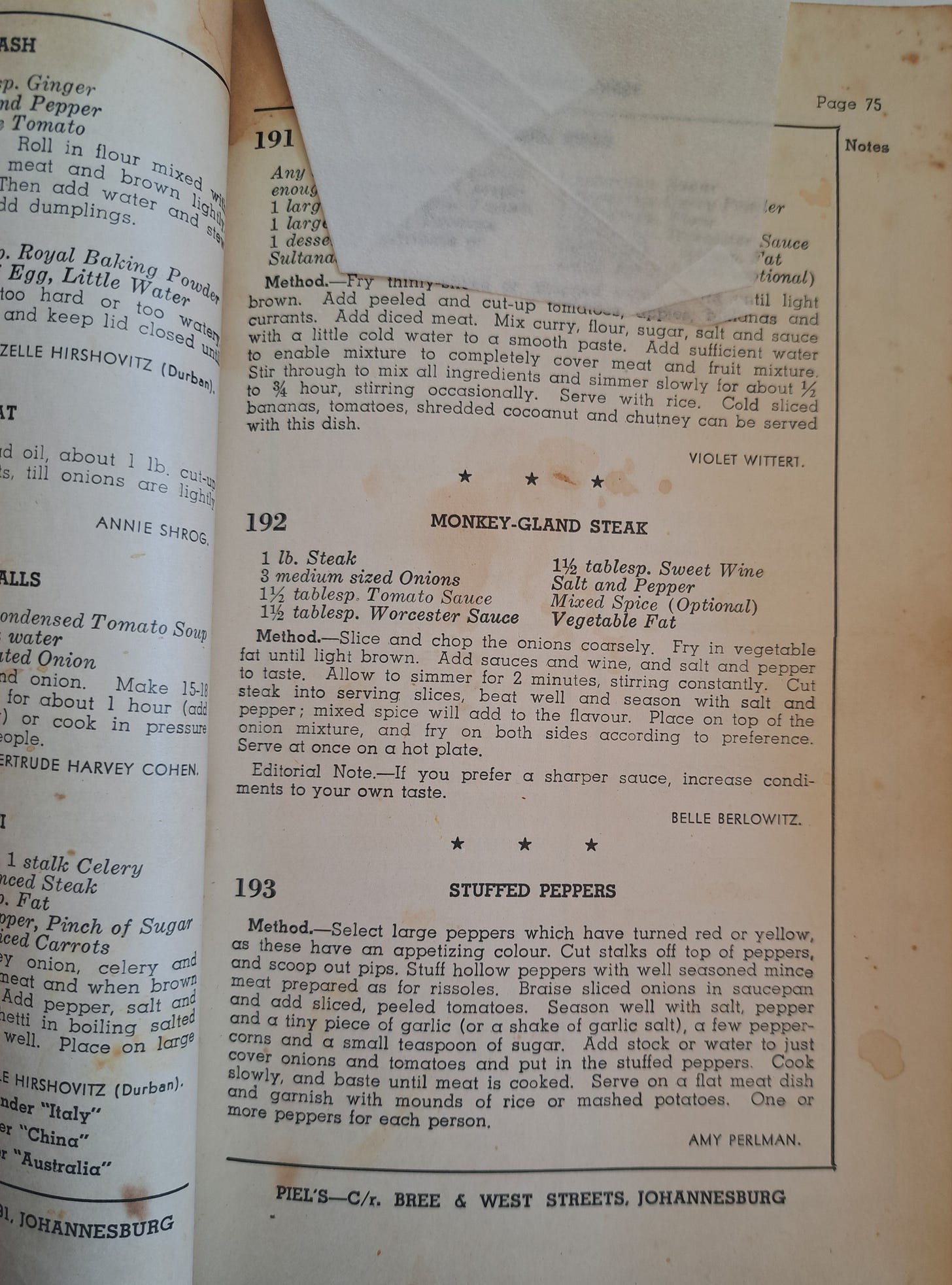 Monkey Gland steak recipe, International goodwill recipe book