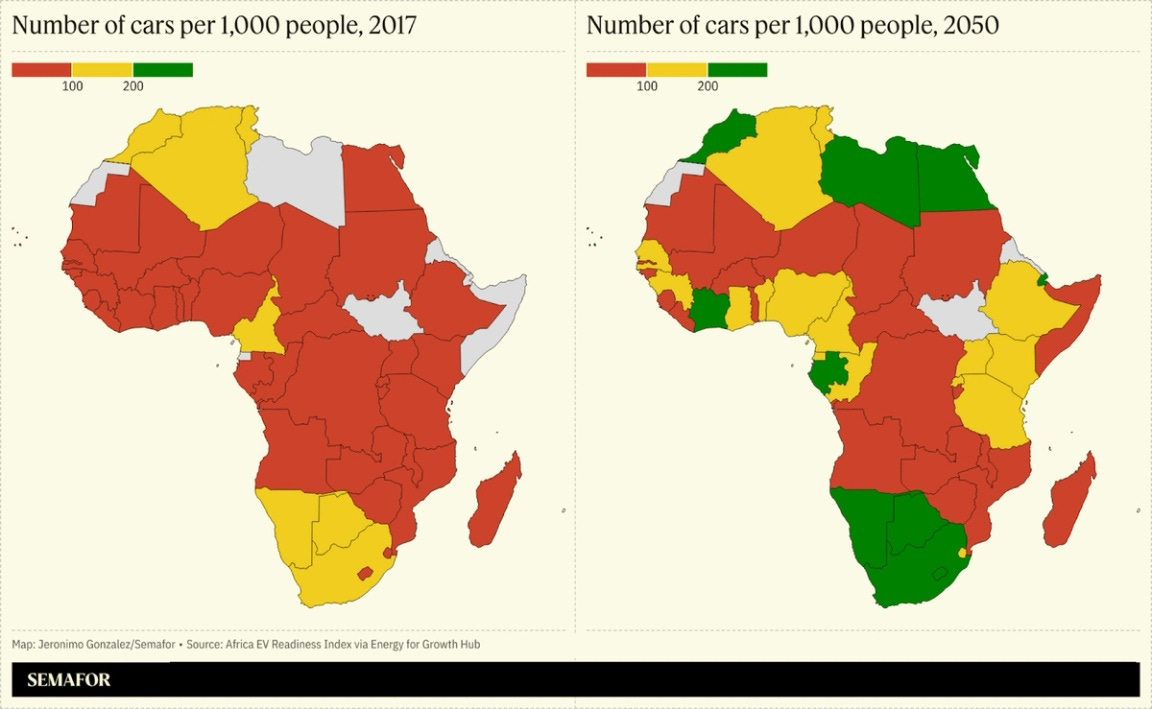 Two maps comparing the number of cars per 1,000 people in Africa in 2017 and 2050. Two maps comparing the number of cars per 1,000 people in Africa in 2017 and 2050.