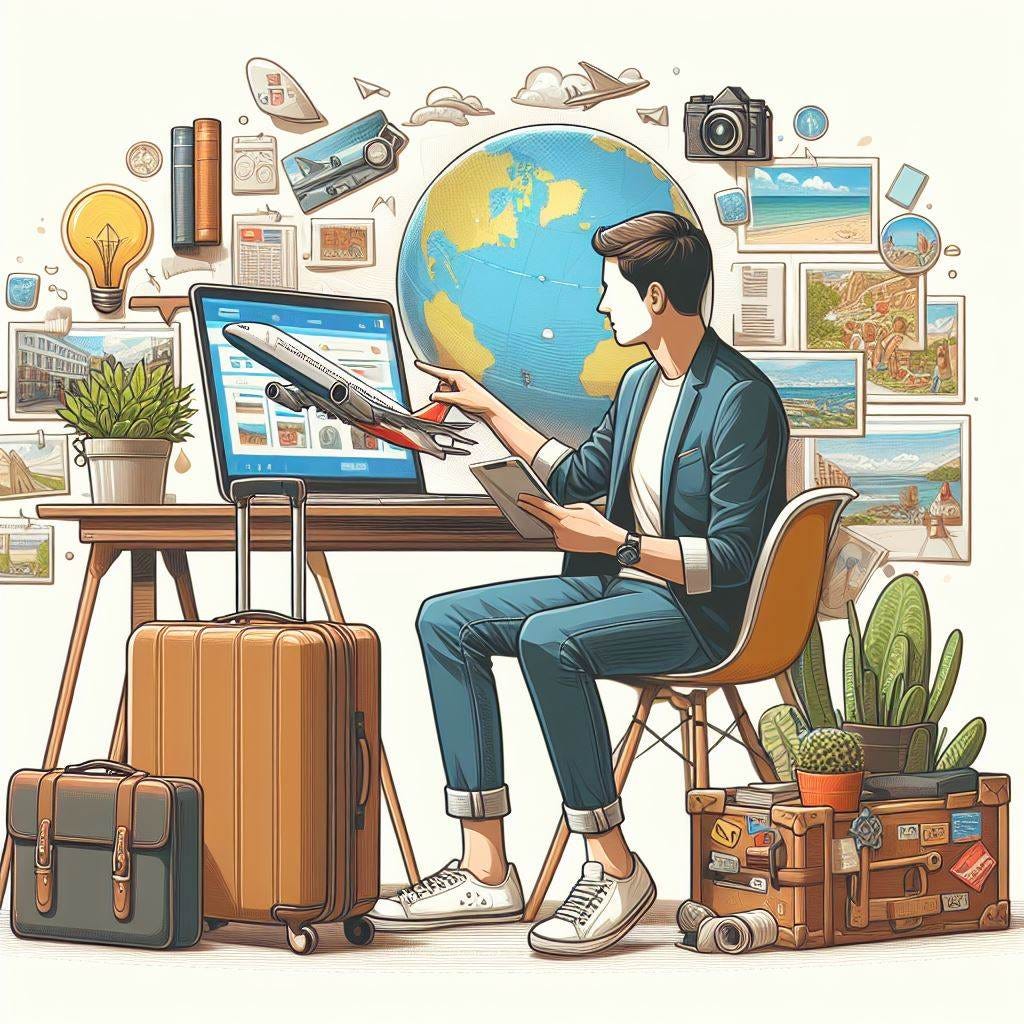 A photo of a person packing their suitcase or looking at travel destinations online in a cartoon style art