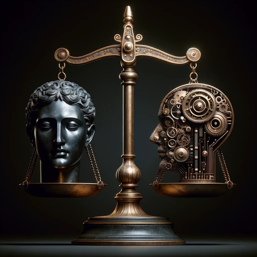 A symbolic representation of AI ethics using the motif of a balance scale. On one side of the scale, a classical bronze sculpture of a human head represents humanity and ethics. On the other side, a mechanical sculpture head made of gears and circuitry symbolizes artificial intelligence. The scale is delicately balanced, emphasizing the fragile equilibrium between human values and technological advancement. The artwork should be rendered in a traditional style, with a dark, simple background to enhance the focus on the sculptures and the sense of balance.