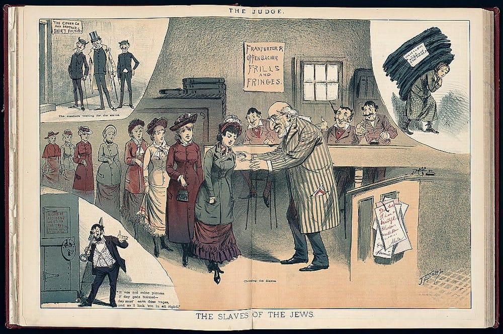 An 1882 Judge magazine illustration portrays women seeking work being inspected by a lecherous employer rendered as an antisemitic Jewish caricature—a common trope of the era. (Library of Congress)