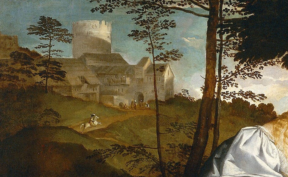Close view of the left landscape, a fortified castle on a hill, a rider galloping toward the gate, rabbits in the grass.