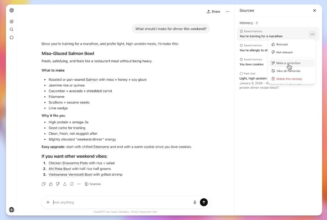 ChatGPT screenshot showing the new memory sources panel, where users can see which saved memories or past chats shaped a personalized response and manage that context. ChatGPT screenshot showing the new memory sources panel, where users can see which saved memories or past chats shaped a personalized response and manage that context.