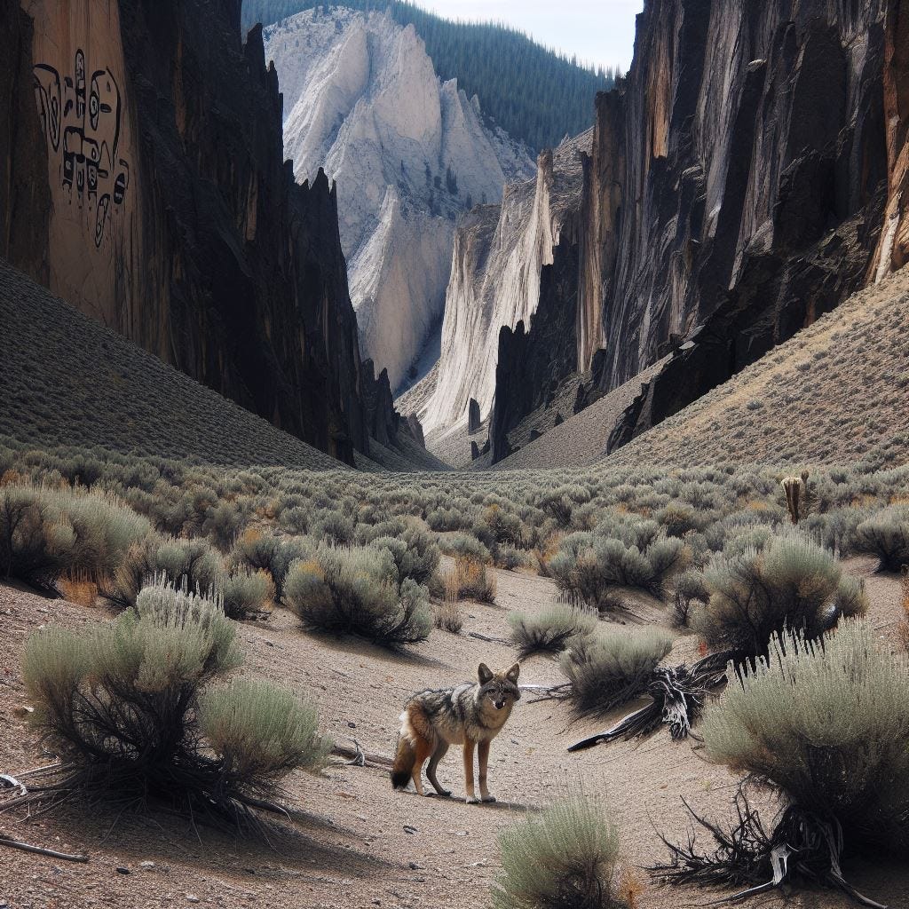 Thumbnail Image a dry gulch, flanked by high cliffs of granite, shot through with what looked like black glass. The mouth of the canyon was dotted by sagebrush, and they all noticed several mangy, half starved looking coyotes slinking around, their yellow eyes baleful and cold. The mouth of the gulch was marked by strange Native American pictograms. Remove some of the coyotes. Thumbnail Image a dry gulch, flanked by high cliffs of granite, shot through with what looked like black glass. The mouth of the canyon was dotted by sagebrush, and they all noticed several mangy, half starved looking coyotes slinking around, their yellow eyes baleful and cold. The mouth of the gulch was marked by strange Native American pictograms. Remove some of the coyotes.