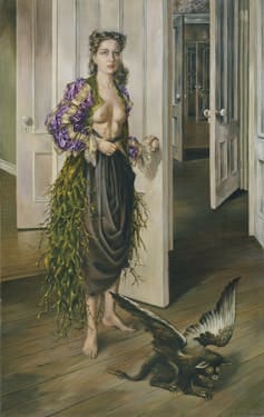 Vertical oil painting of woman with fantastical creature at her feet in the foreground and a series of open doors in the background