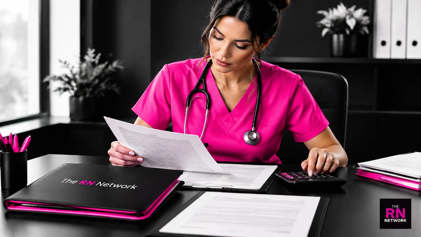 A nurse in pink scrubs reviewing business formation, EIN, tax, and insurance documents A nurse in pink scrubs reviewing business formation, EIN, tax, and insurance documents