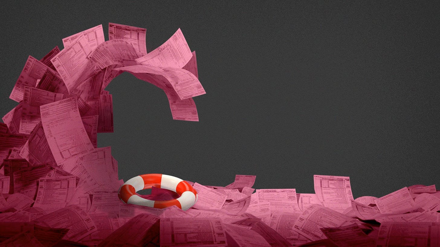 Illustration of a wave made out of pink slips, about to crash onto a life preserver.
