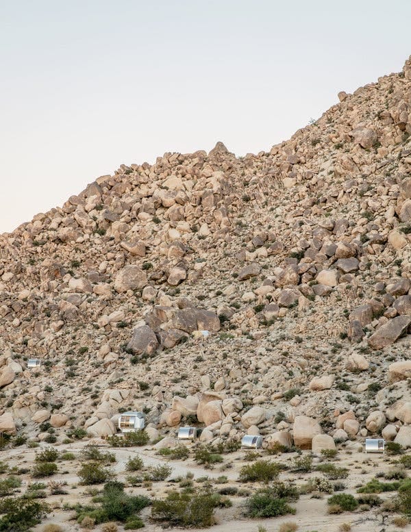 Andrea Zittel’s “Wagon Station Encampment,” a series of tiny dwellings.