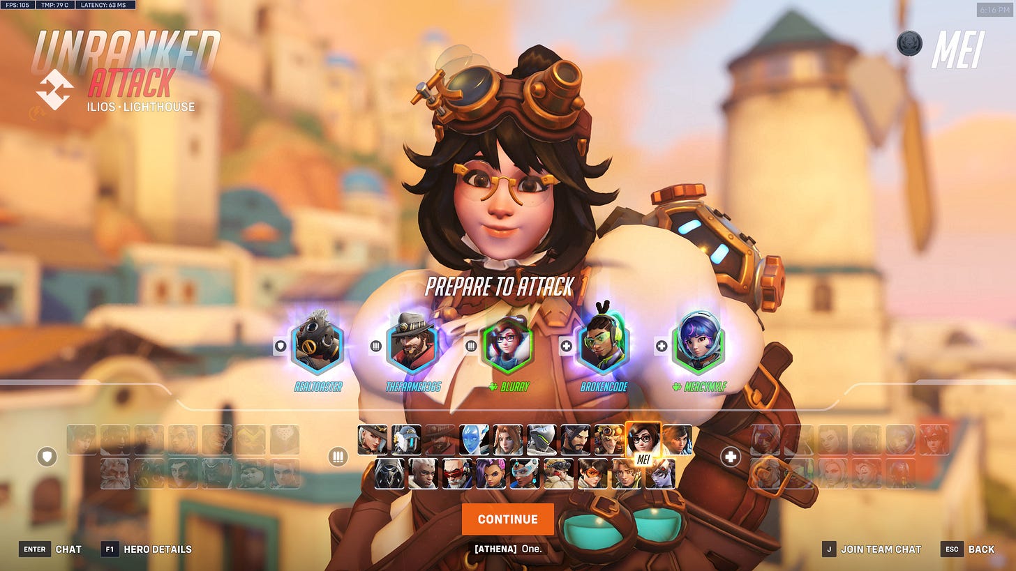 Hero select screen in Overwatch. Mei is selected.