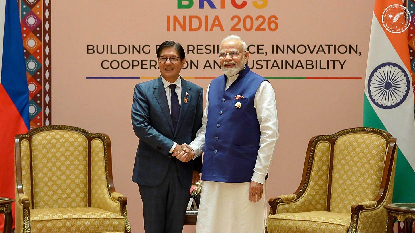 Philippine President Ferdinand Marcos Jr., representing the ASEAN Chair, took a photo with Indian Prime Minister Narendra Modi before a bilateral meeting on the sidelines of the 18th BRICS Summit