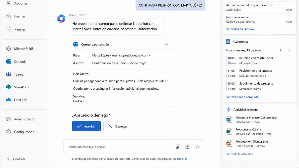 Captura de Microsoft Scout mostrando un correo redactado en espera de aprobación, con las opciones Aprobar o Denegar