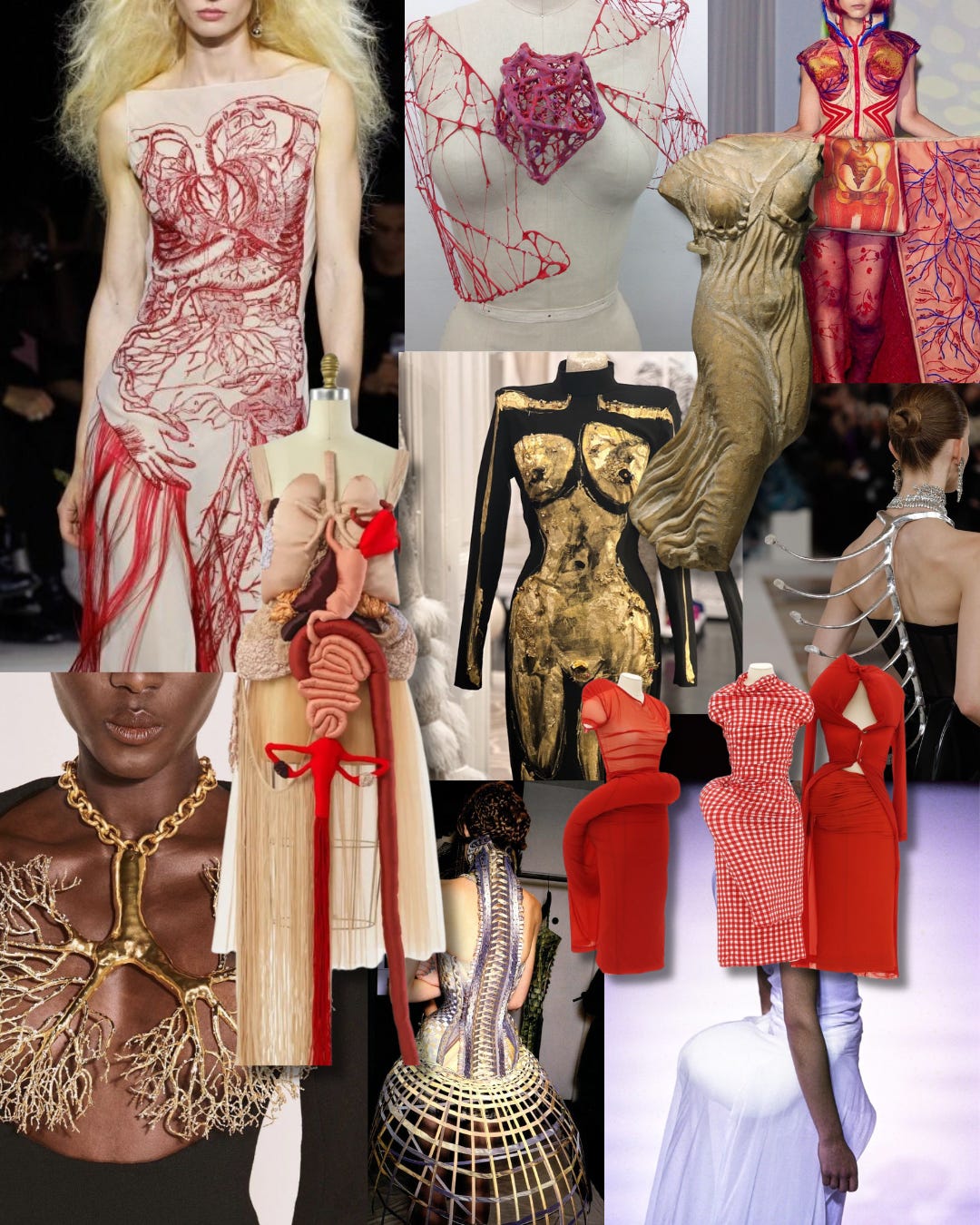 Met Gala 2026 anatomical body fashion mood board featuring embroidered vein and organ dresses, 3D printed heart corset, gold sculpted torso gown, exposed ribcage corsetry, uterus embellishment, and red organ-inspired runway looks — Met Gala Fashion is Art dress code predictions 2026