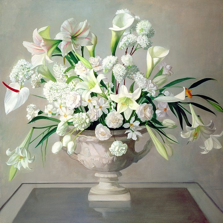 1) A vibrant arrangement of green calla lilies with speckled leaves and petals sits in a brown vase on a marble pedestal against a dark background, creating a stark contrast. 2) A painting of a classical white vase holding an elegant arrangement of white and light pink flowers, including lilies and calla lilies, set against a neutral grey background. The scene conveys tranquility. The vase is sitting on a table. There are green leaves and stems surrounding the flowers.