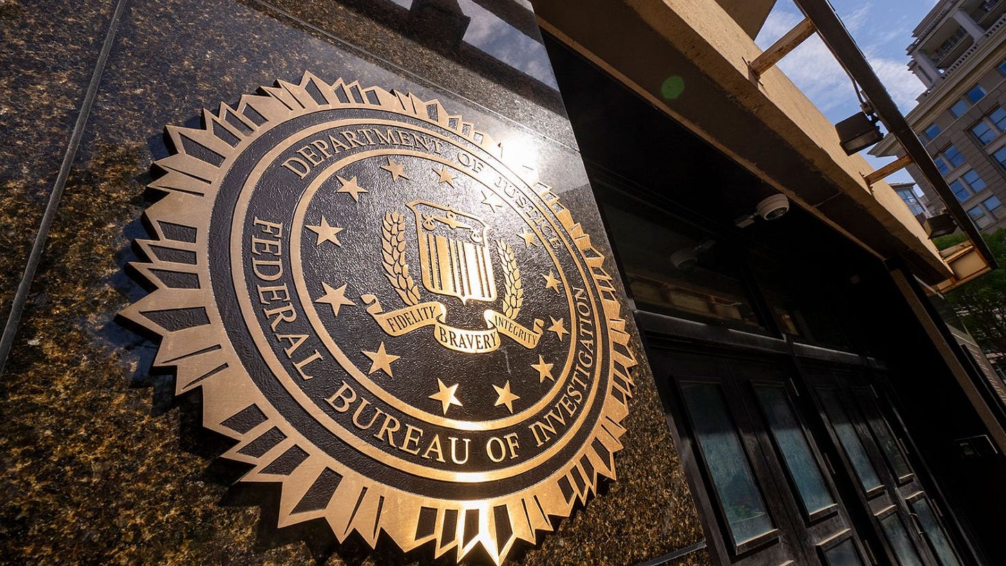 The logo of the Federal Bureau of Investigation building is seen on May 14, 2023, in Washington, DC.