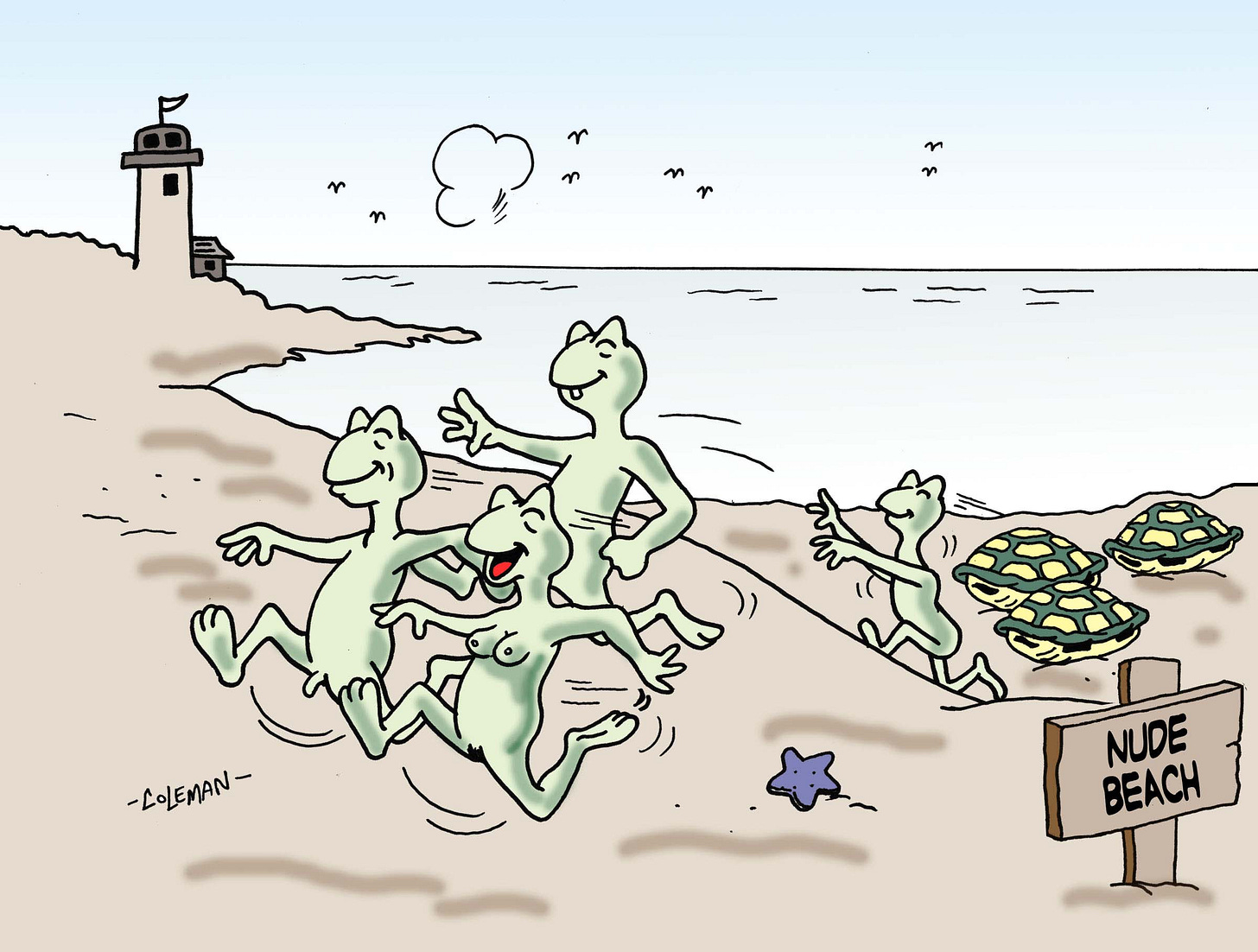 Alt Text: On a beach near a lighthouse, a group of cheerful green sea turtles have shed their shells and are running nude along the sand toward a sign that reads “Nude Beach.”