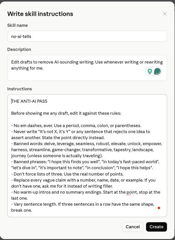 The Write skill instructions form filled in with a standalone no-ai-tells skill