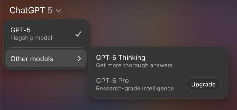 Alt Text: Screenshot showing the ChatGPT interface with the new GPT-5 model options: “GPT-5” as the flagship default, “GPT-5 Thinking” for deeper, more complex reasoning, and “GPT-5 Pro” for research-grade intelligence.