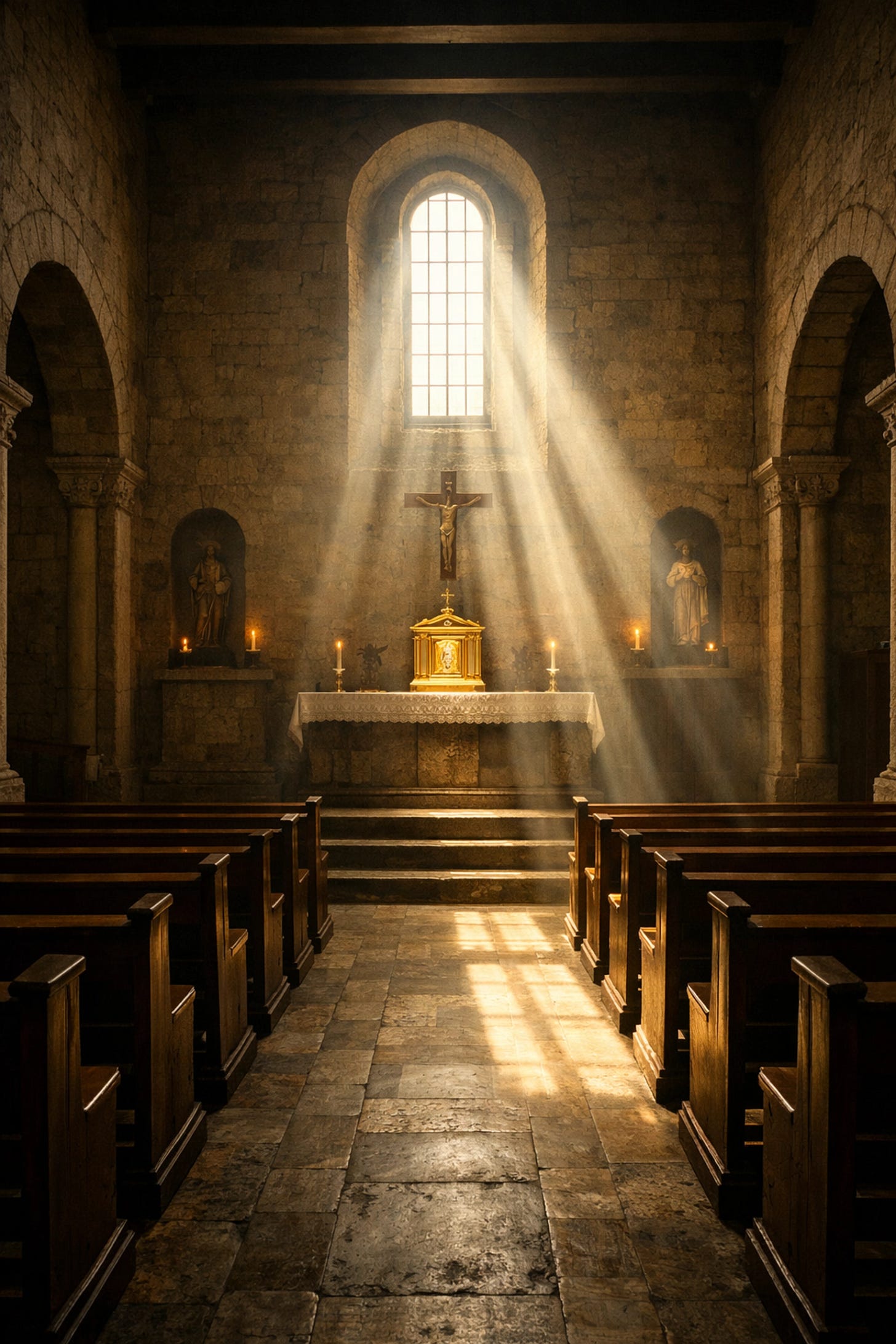 Sunlight streaming into a traditional Catholic chapel, representing the immovable pillar of faith and truth. Sunlight streaming into a traditional Catholic chapel, representing the immovable pillar of faith and truth.