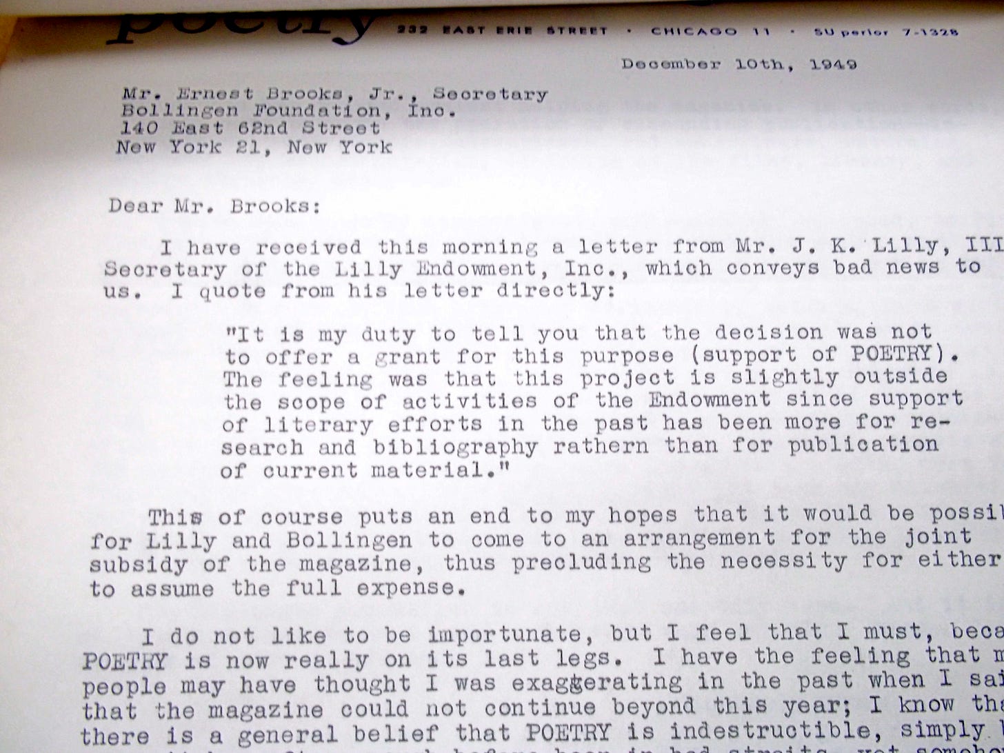 A letter from editor of Poetry magazine, Hayden Carruth, to the Bollingen Foundation, describing how the Lilly Endowment turned down his request for a donation