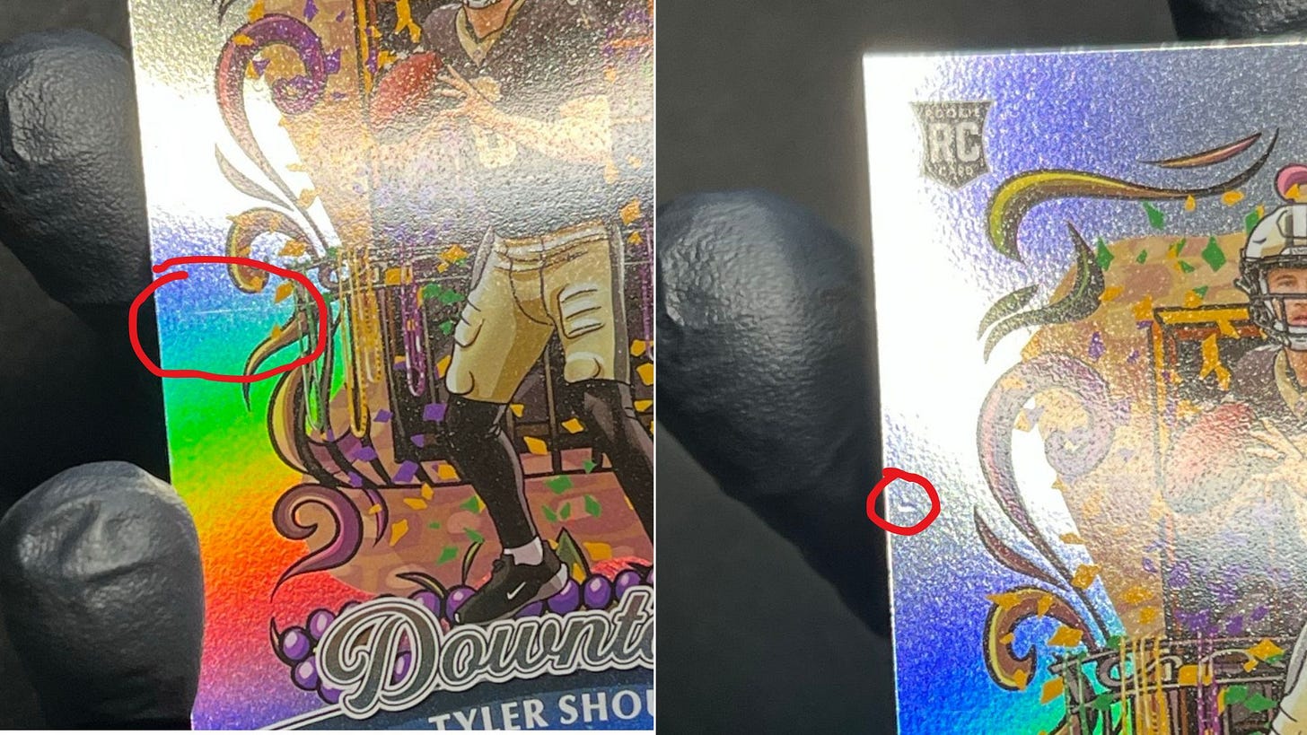 Example of manufacturer dimple and scratch for PSA grading on 2025 Panini Donruss Downtown Tyler Shough Rookie. Example of manufacturer dimple and scratch for PSA grading on 2025 Panini Donruss Downtown Tyler Shough Rookie.