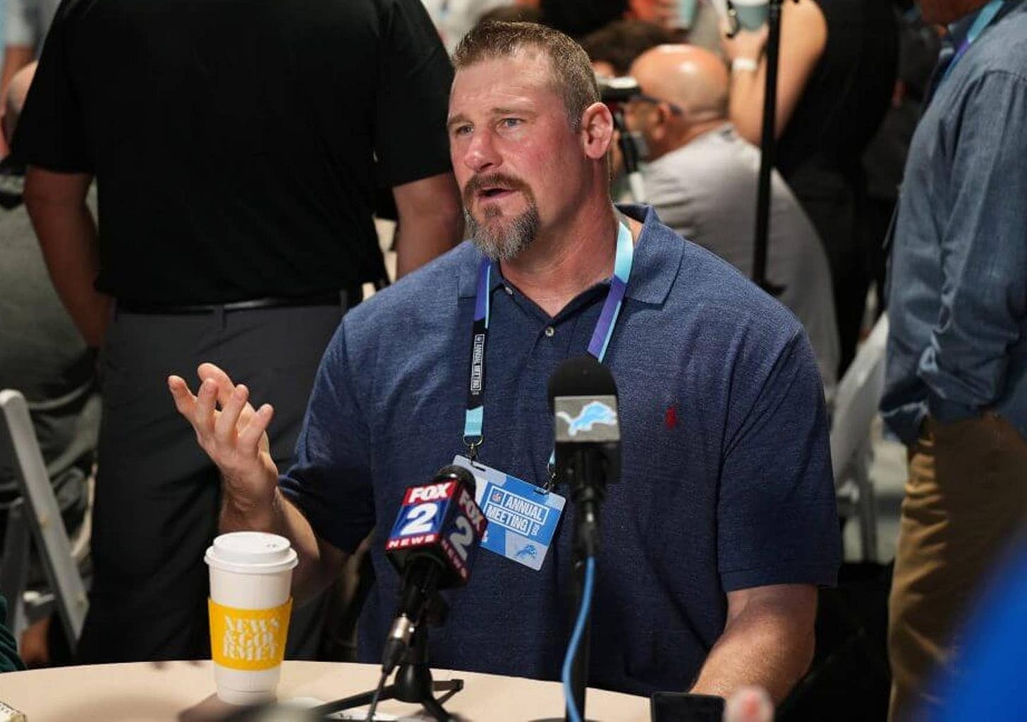 Apr 1, 2025; Palm Beach, FL, USA; Detroit Lions head coach Dan Campbell answers questions from the media during the NFL Annual League Meeting at The Breakers. Mandatory Credit: Jim Rassol-Imagn Images Apr 1, 2025; Palm Beach, FL, USA; Detroit Lions head coach Dan Campbell answers questions from the media during the NFL Annual League Meeting at The Breakers. Mandatory Credit: Jim Rassol-Imagn Images