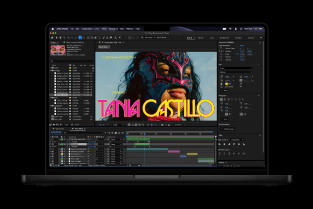 Film editors and content creators can quickly and efficiently composite visual effects and add cinematic motion graphics in popular video editing tools on the 14-inch MacBook Pro with M6.
