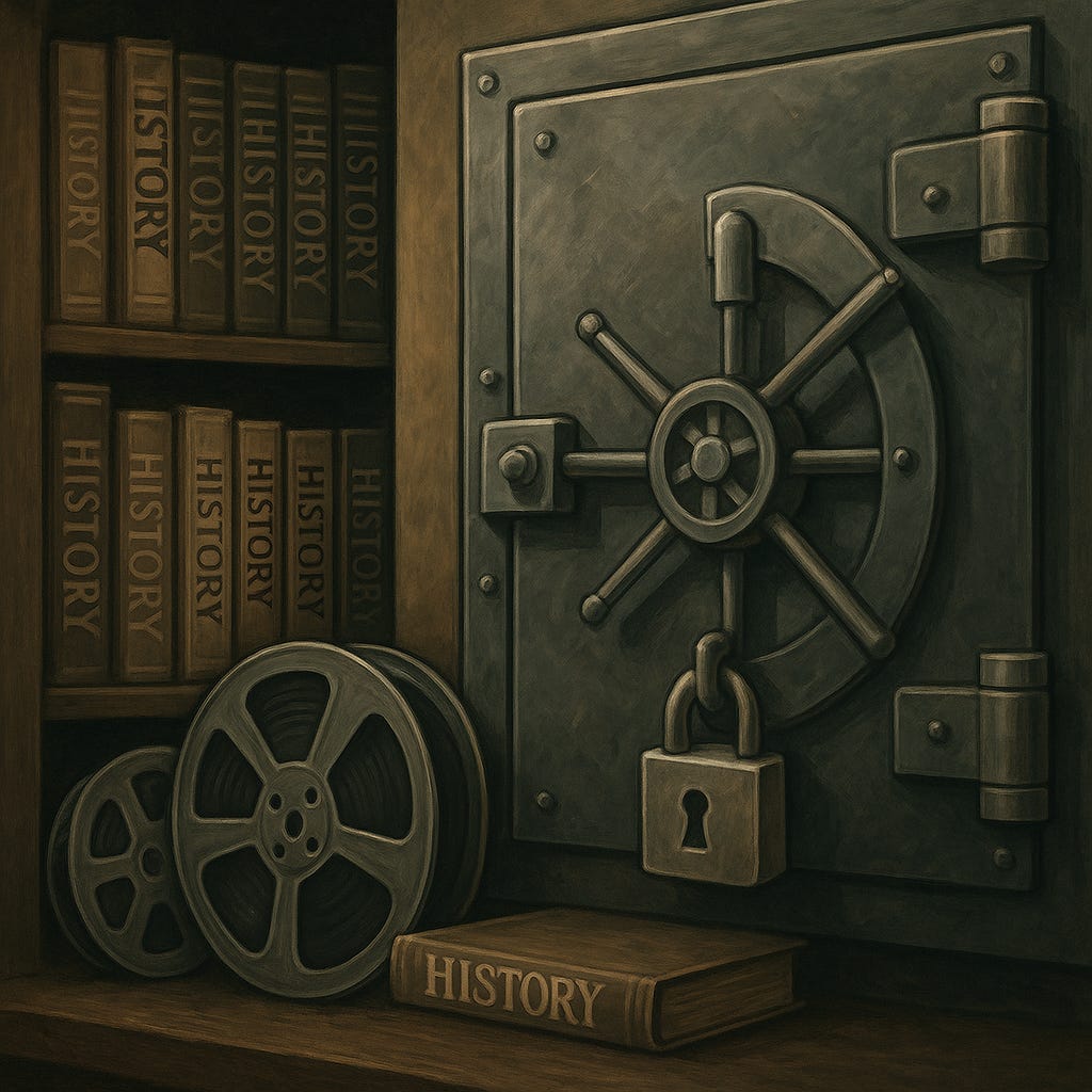 A heavy steel vault door stands chained and locked, with old film reels and books nearby. The image symbolizes classic media being hidden away instead of preserved openly.