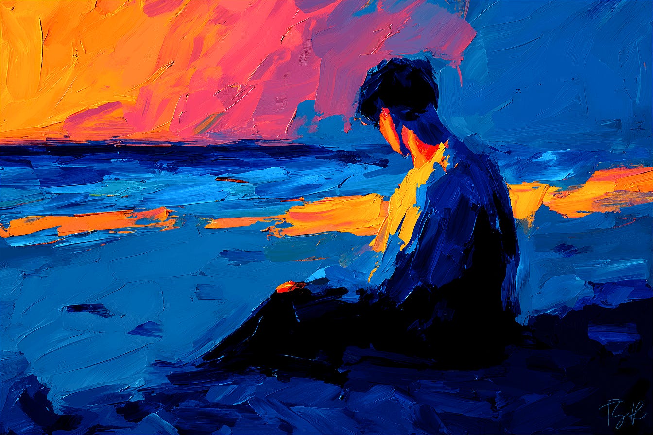 A dark-haired man sits alone on a beach at sunrise, deep navy-blue shadows around him and vivid orange light cutting into the frame.
