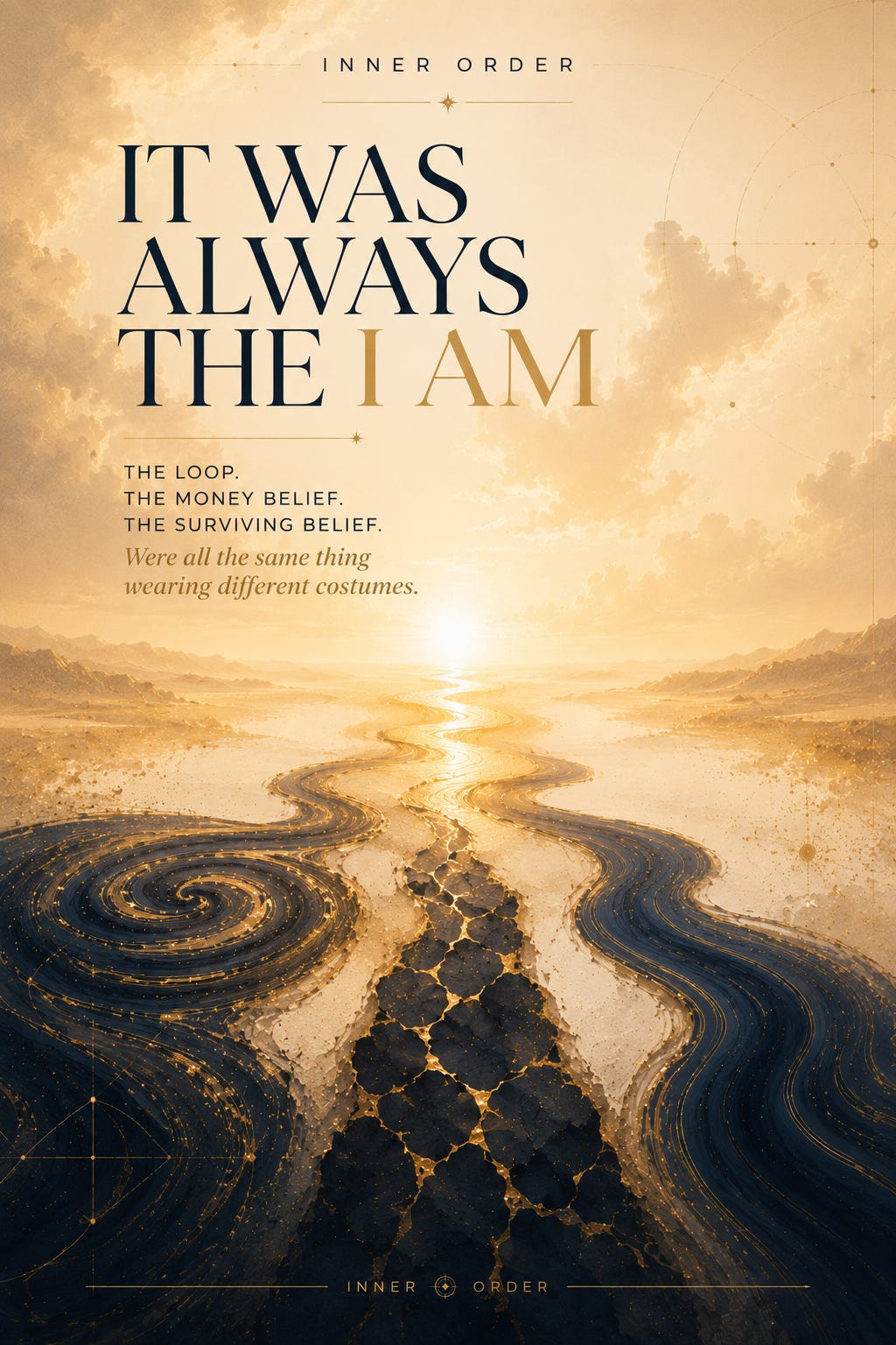 Pinterest-style editorial graphic in a warm cream, navy, and gold color palette. Large serif text reads, “It Was Always the I AM.” Smaller text beneath reads, “The loop. The money belief. The surviving belief. Were all the same thing wearing different costumes.” Below the headline, three distinct navy rivers flow across a luminous cream landscape toward a glowing golden horizon. One river spirals in a loop, another appears fractured with gold seams, and a third flows smoothly. The three paths gradually merge into a single golden river, symbolizing different struggles and beliefs originating from the same underlying source. Subtle celestial geometry and gold accents frame the composition, creating a reflective, elegant Inner Order editorial aesthetic.