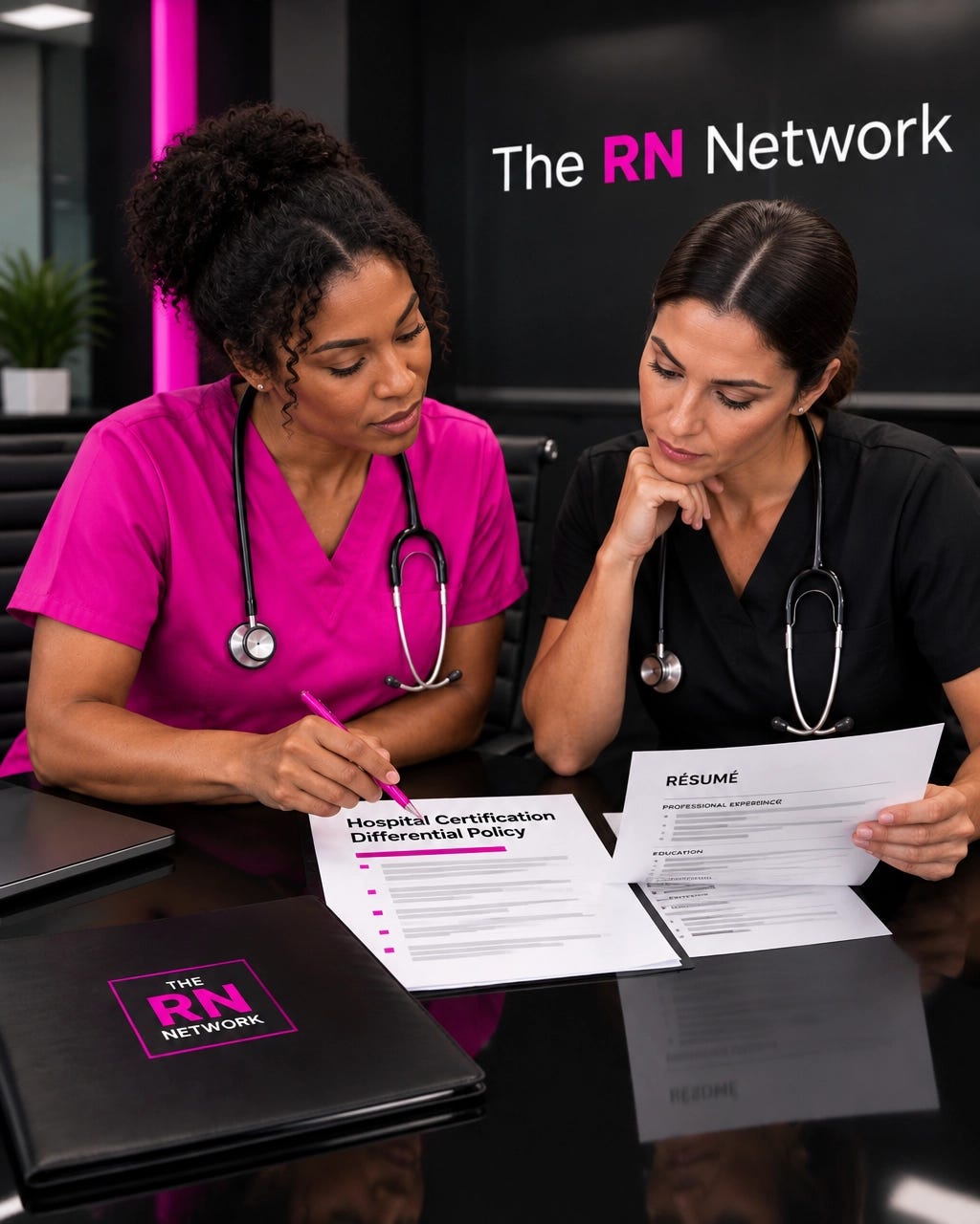 Registered nurse reviewing a specialty certification checklist and résumé