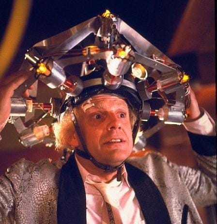 Doc from Back to the Future wearing his fantastic time traveling helmet
