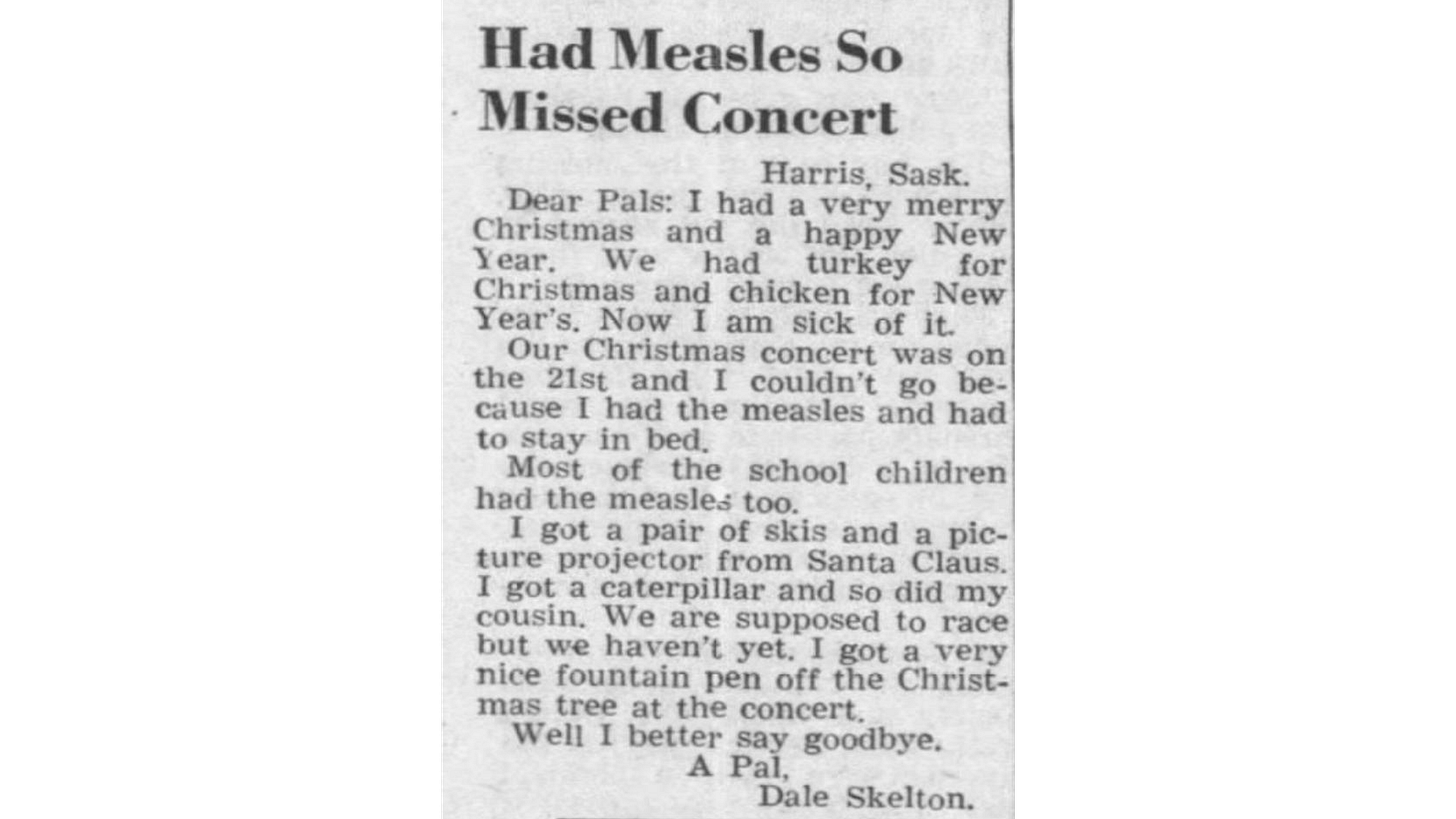 Newspaper clipping of a 1950 child’s letter mentioning missing a Christmas concert due to measles, treated as a minor inconvenience rather than a serious illness.