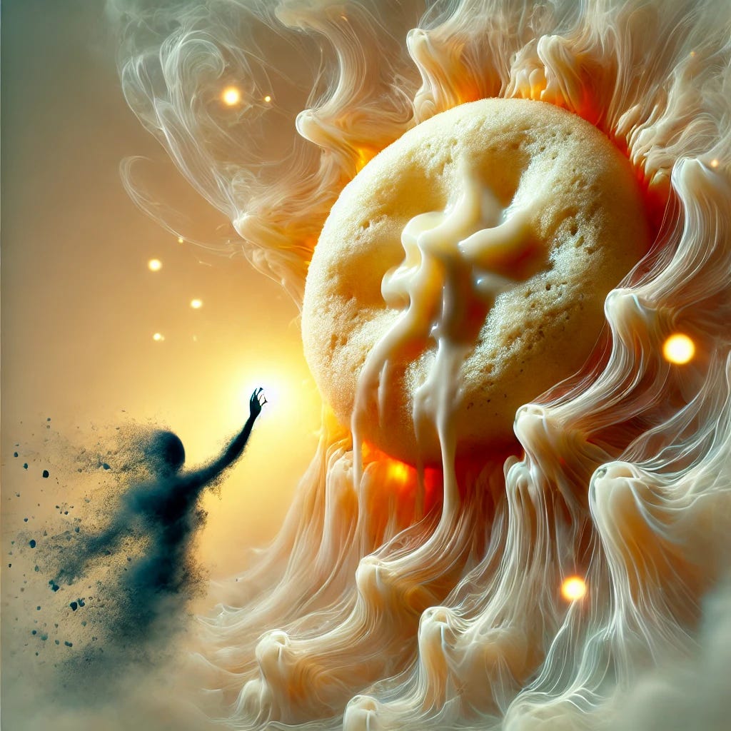 An abstract image representing the concept of denial and impermanence: A glowing, melting idli dissolving into thin air, surrounded by swirling mist. A shadowy figure reaches out but is unable to grasp it fully. The background is soft and dreamlike, evoking the feeling of fleeting pleasure.