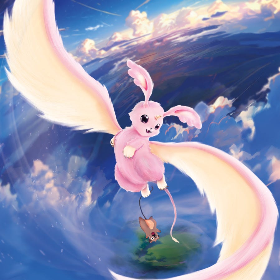 A fluffy dragon, resembling a bunny with a unicorn horn, flies through the open skies, dragging a terrified furry creature behind it.