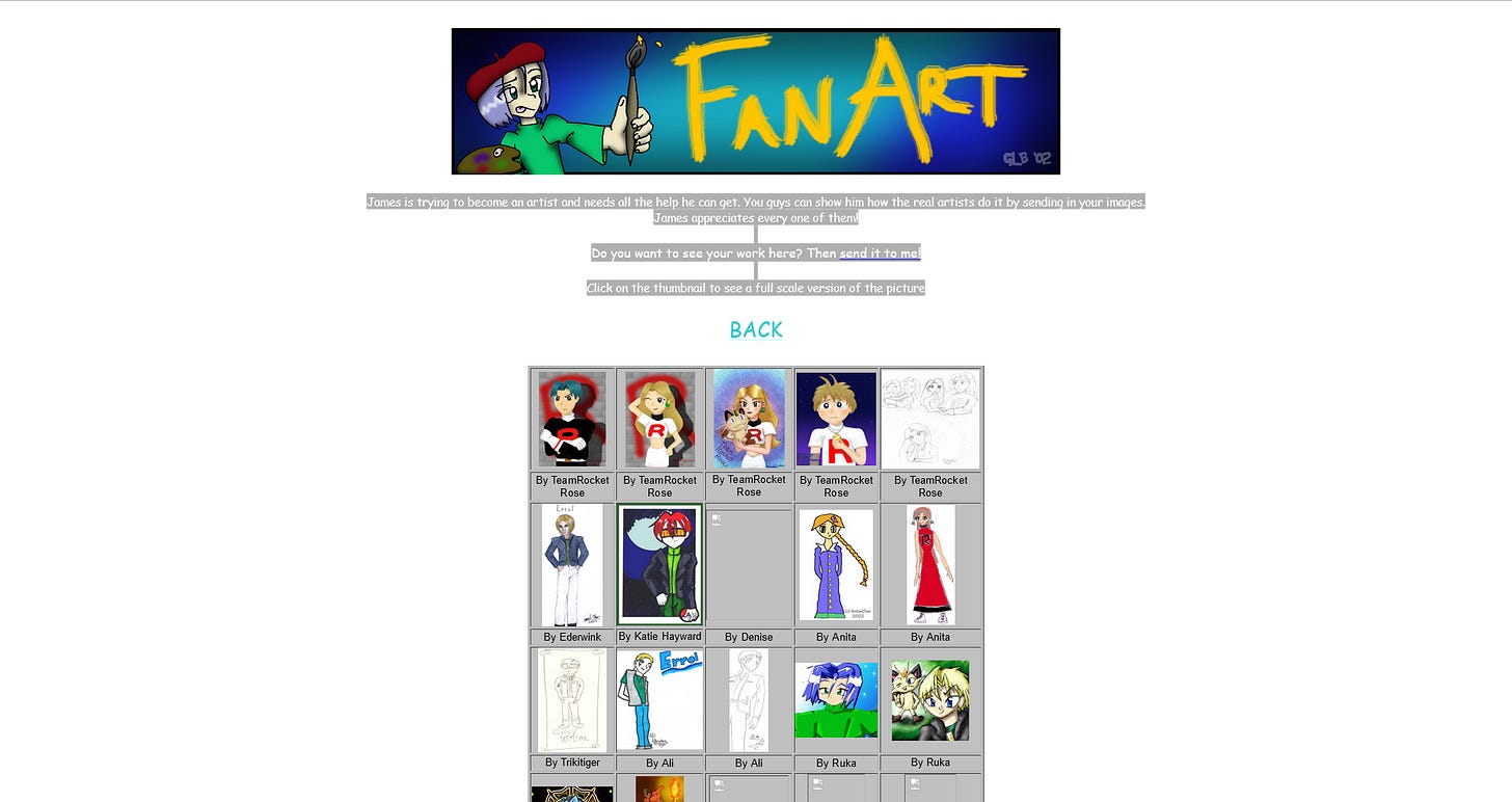 The fanart section of Pokémon Rebirth from June 2003