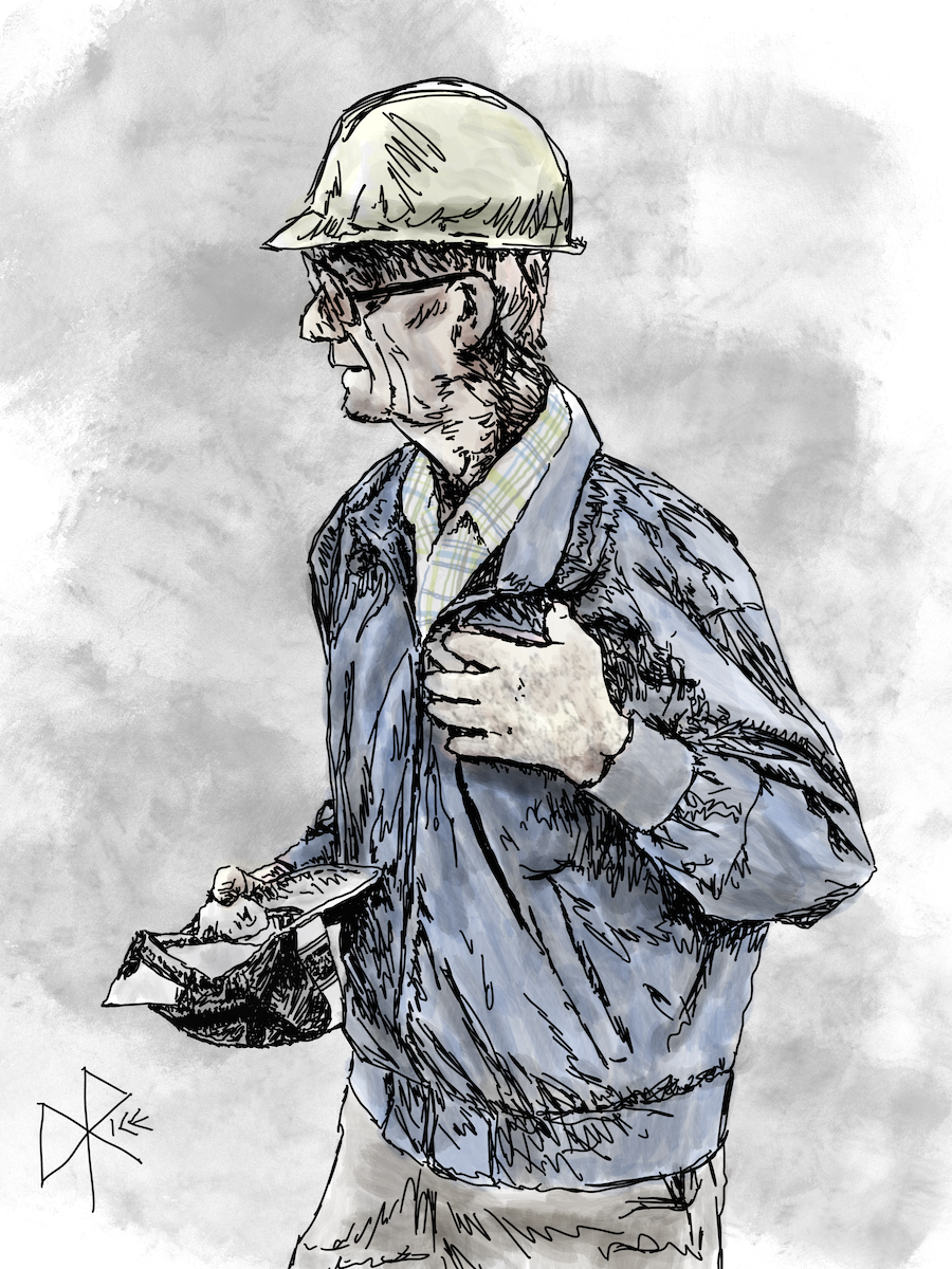 Man wearing a hard hat, using his ball cap as a ‘pail’ while collecting rocks. Sketch art by Don Rice. Man wearing a hard hat, using his ball cap as a ‘pail’ while collecting rocks. Sketch art by Don Rice.