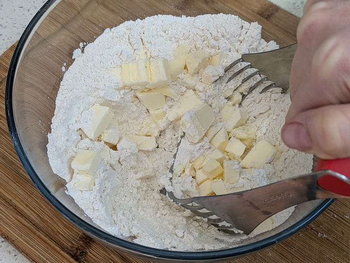 Starting to cut in cold butter, and readyStarting to cut in cold butter, and ready for chilling. I used a pastry cutter that you can find very similar versions of on ebay for about $9 free shipping. for chilling.