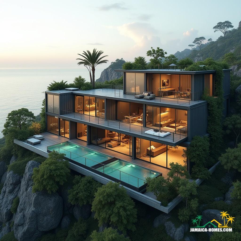 A luxurious, high-tech container module mansion with industrial chic and modern elegance, comprising four interconnected modules, spacious living area with protruding glass bay windows, and a wraparound balcony with glass railings on the top floor, offering breathtaking, panoramic views of the cityscape and sea horizon. The rooftop features a sleek, infinity-edge swimming pool surrounded by lush greenery and a lounge area, while the façade seamlessly blends smooth metal finishes with vertical green walls, exuding a sustainable yet futuristic aesthetic.