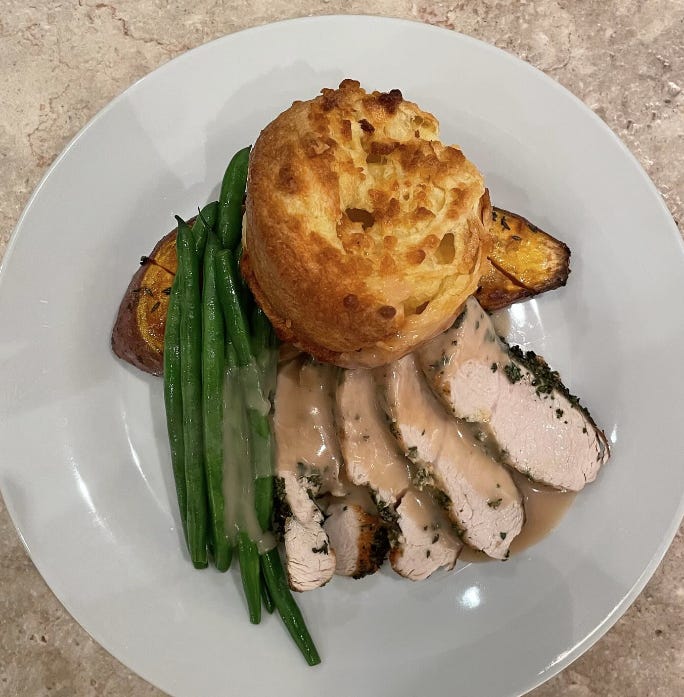 Herb-Crusted Turkey Tenderloin with Roasted Sweet Potato, Yorkshire Pudding, and Pan Dripping Gravy