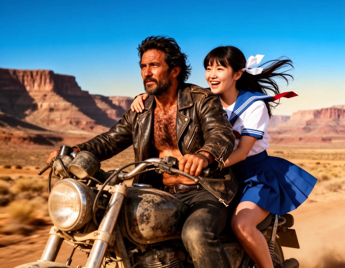 Rough mexican biker with thick chest hair riding his motorcycle in the American southwest with Japanese woman dressed in school girl attire grabbing on to his chest